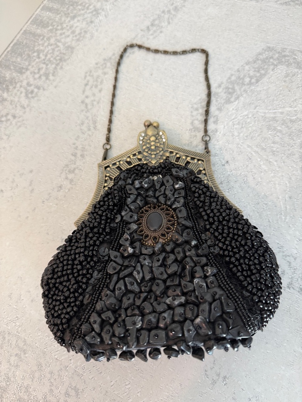 EUC Black Beaded Vintage-Style Evening Clutch with Brass Frame